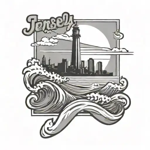 A silhouette of the Jersey Shore skyline with a wave crashing in the foreground tattoo design idea