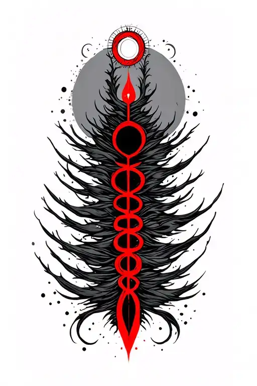 A vertical, minimalist black and red tattoo design for dark skin. The tattoo represents ascension, unity, and spiritual  tattoo design idea