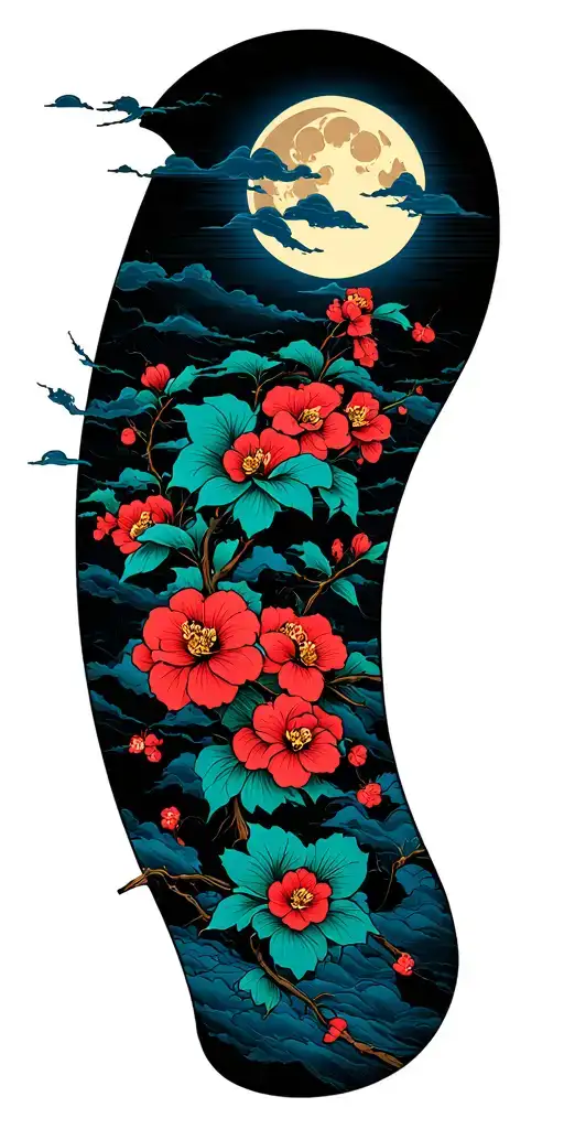 Japanese cherry with moon and sun in the background tattoo design idea