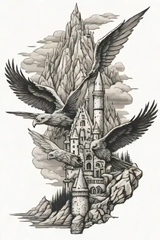 harry potter castle overlooking mountain  Hedwig buckbeak wand tattoo design idea