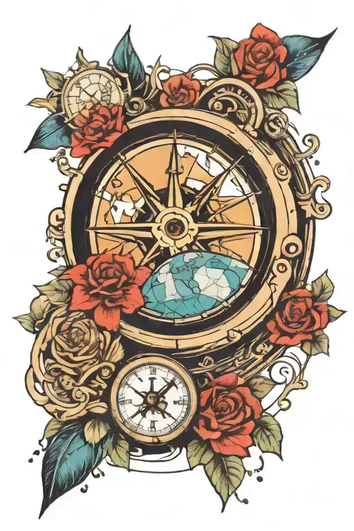 globe sea clock compass peace  and geometry tattoo design idea