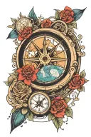 globe sea clock compass peace  and geometry tattoo design idea