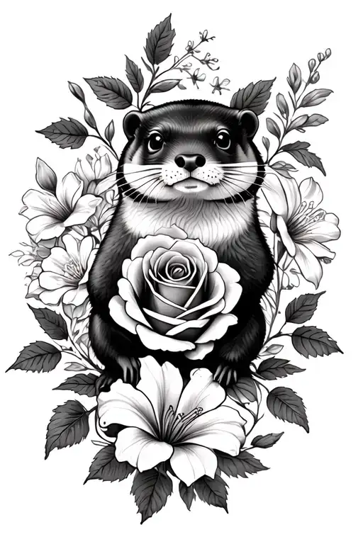 roses, small otter, vines, honeysuckle, lily, primrose flowers on upper arm tattoo design idea