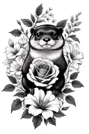 roses, small otter, vines, honeysuckle, lily, primrose flowers on upper arm tattoo design idea