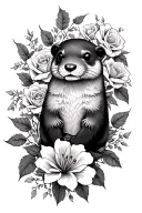 roses, small otter, vines, honeysuckle, lily, primrose flowers on upper arm tattoo design idea