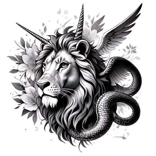 Individually: lion, unicorn, snake, dragon, bull, life flower, angel flights, tattoo design idea