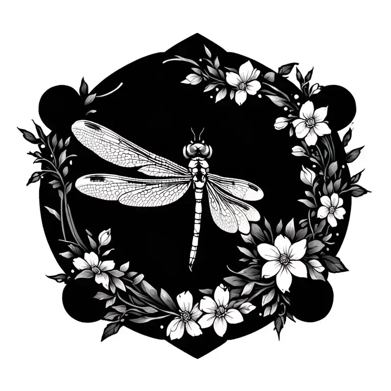 Dragonfly on Balinese mandala design extending into wreath of wild Alaskan flowers tattoo design idea