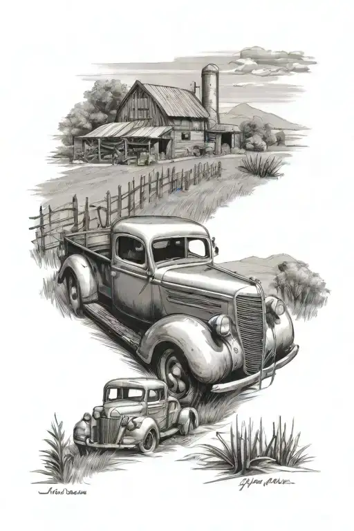 1939 ford pickup in foreground on hilltop, crop farm in background tattoo design idea