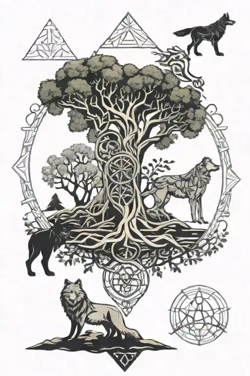 yggdrasil tree with wolf and nordic symbols tattoo design idea