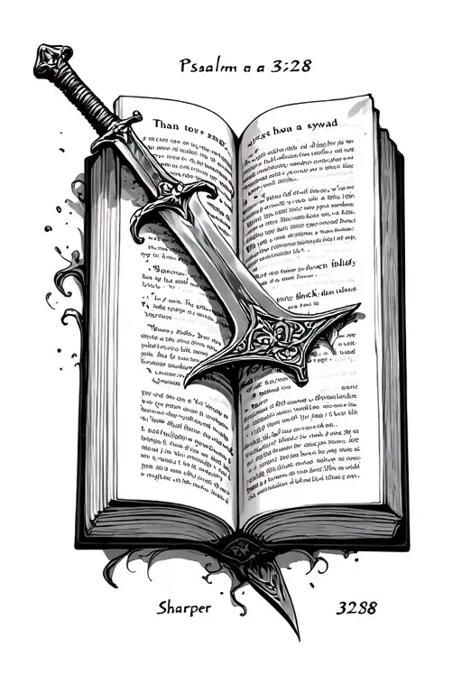 "Psalm 32:8" open Bible with a sword emerging from its pages The phrase Sharper than a than a two-edged sword can follow the curve of tattoo design idea