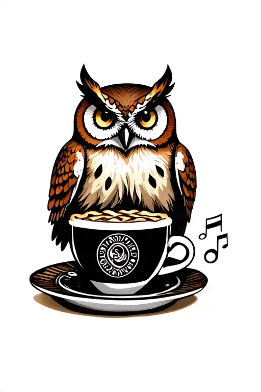 Twin Peaks, owls, pie, coffee cup with musical notes tattoo design idea