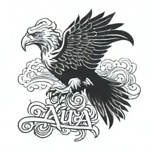 an eagle with the name "AUÃ" in Japanese tattoo design idea