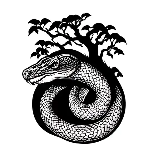 fine line snake wrapped around tree tattoo design idea