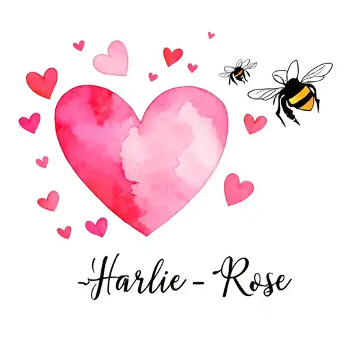 name Harlie-Rose with love hearts and bees tattoo design idea