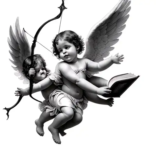 baby angels flying one holding a bow and arrow and one holding a book tattoo design idea