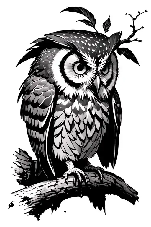 gothic owl perched on a branch tattoo design idea