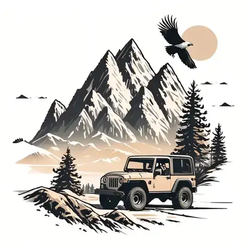 mountain scene with a jeep driving and soaring eagle tattoo design idea