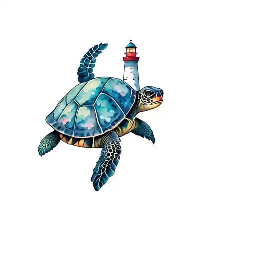 turtle back tattoo, inside the shell is a lighthouse tattoo design idea