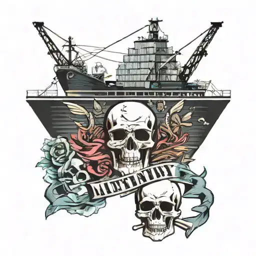 Container ship with a crane behind and a skull and anchor with the text Mutiny tattoo design idea