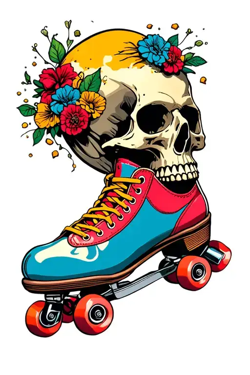 a roller skate coming out of a skull's skull tattoo design idea