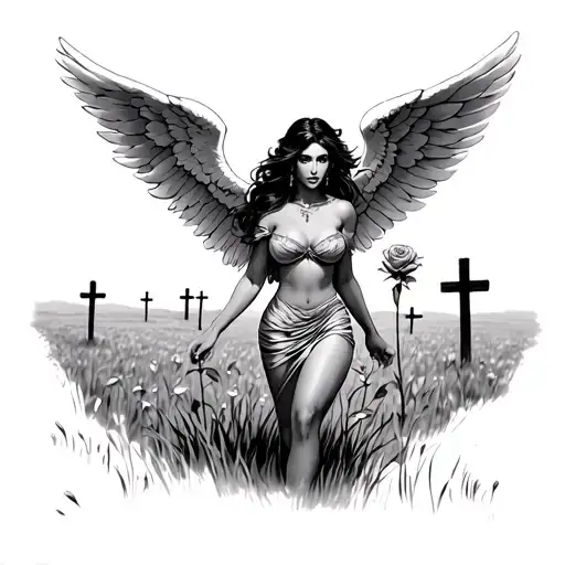a big breasted, big butt, slim waist latina woman with angel wings holding a rose walking through a field with crosses tattoo design idea