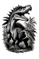 Tiranosaure Rex who eats another dinosaur on a jungle background tattoo design idea