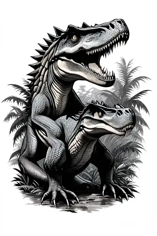 Tiranosaure Rex who eats another dinosaur on a jungle background tattoo design idea
