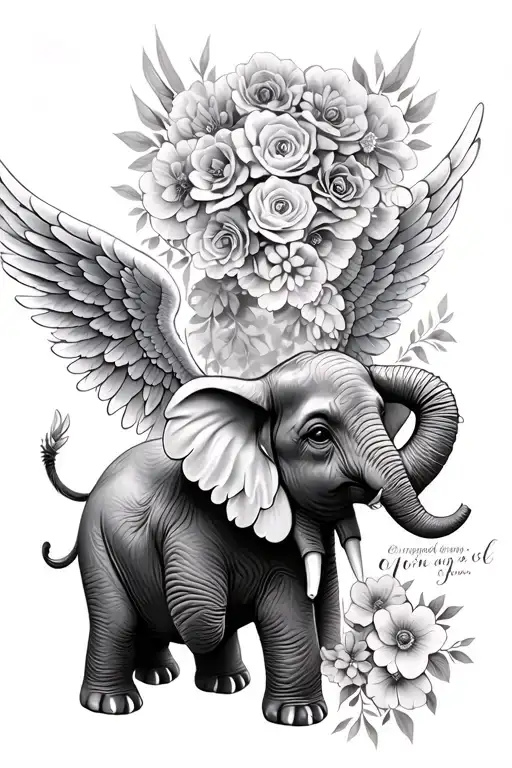 Male baby angel wings and an elephant with flowers and quote tattoo design idea