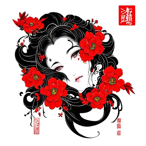 black with red accents style no shading outlines only randomize subject used  tattoo design idea