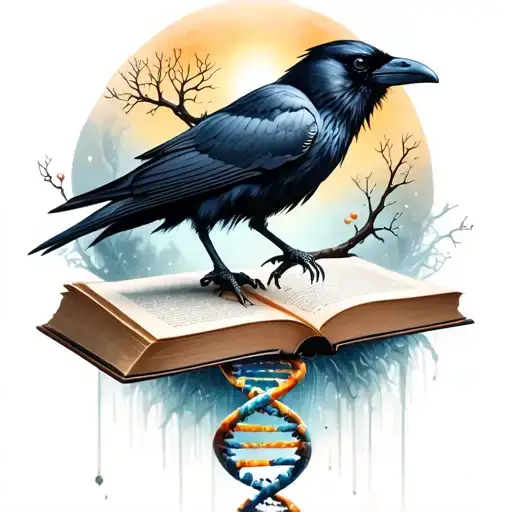 raven with a branch that fades into a dna molecule standing on a book with a tree of life in the background tattoo design idea