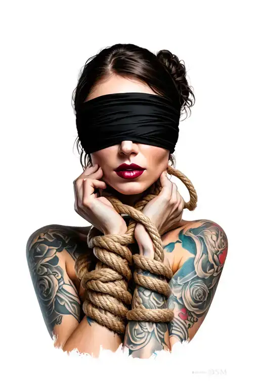 BDSM, woman face ,blindfolded, full lips, tied up hands with a rope.  tattoo design idea