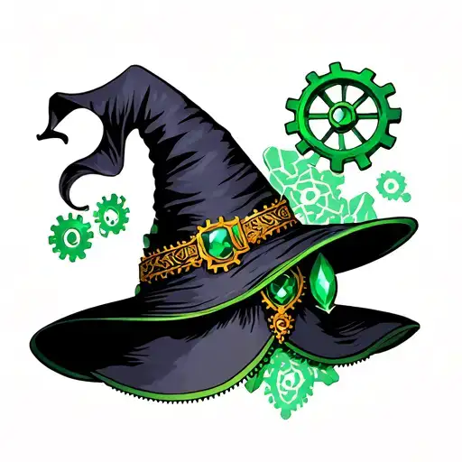 wizard of oz black witch hat with cogs at the side and emerald colours tattoo design idea