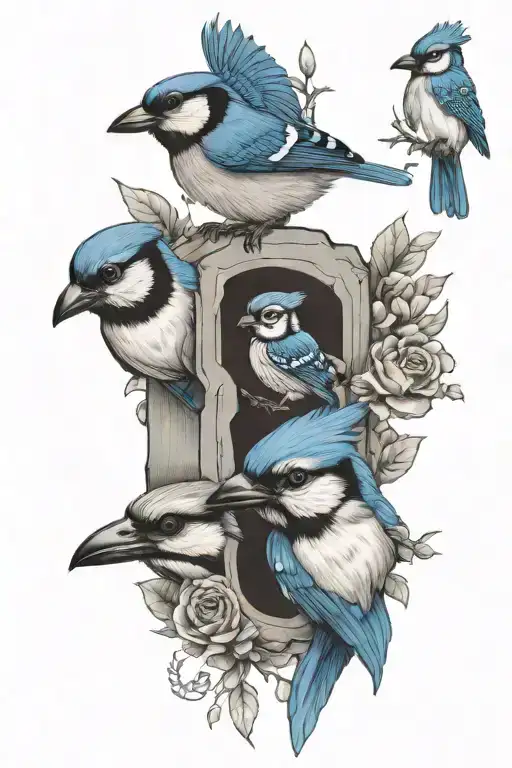 Design a tattoo featuring Lula Mae and Father Bob with a blue jay and badger tattoo design idea
