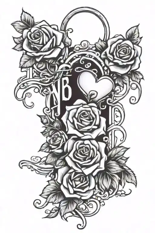 Thigh tattoo with roses and hearts and the name Brian and heart rhythm tattoo design idea