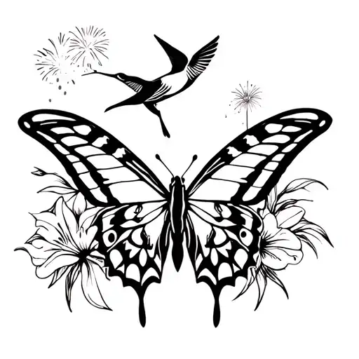 swallowtail butterfly with hummingbird, fireworks and lily flowers tattoo design idea