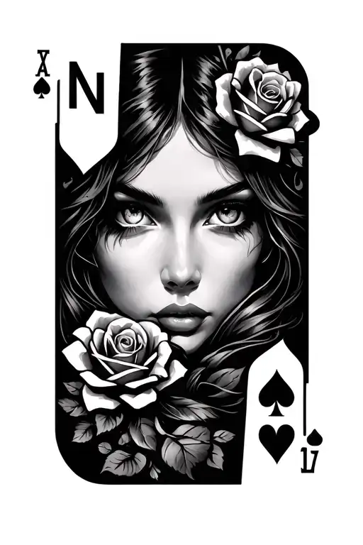 Poker card with N in the cornees and girl light green eyes looking. Add roses or smoke or elements to tie all together tattoo design idea