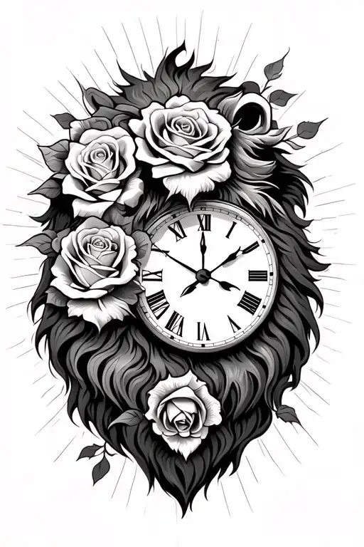 lion head with clock face, three roses, Sunrays   tattoo design idea