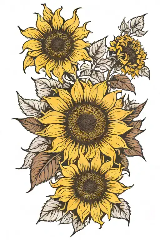 "A vivid, large sunflower with bright golden-yellow petals and a deep, intricate brown center. The sunflower is surround tattoo design idea