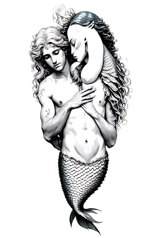 BALD MERMAN HOLDING BLOND MERMAID ABOVE HEAD BLACK AND WHITE tattoo design idea