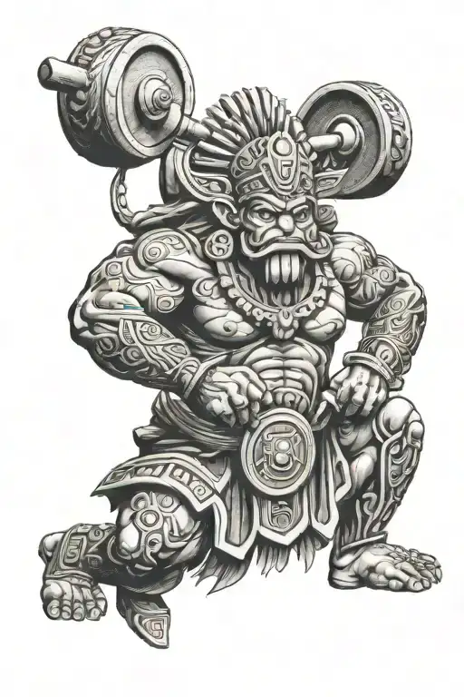 Mayan god lifting weights tattoo design idea