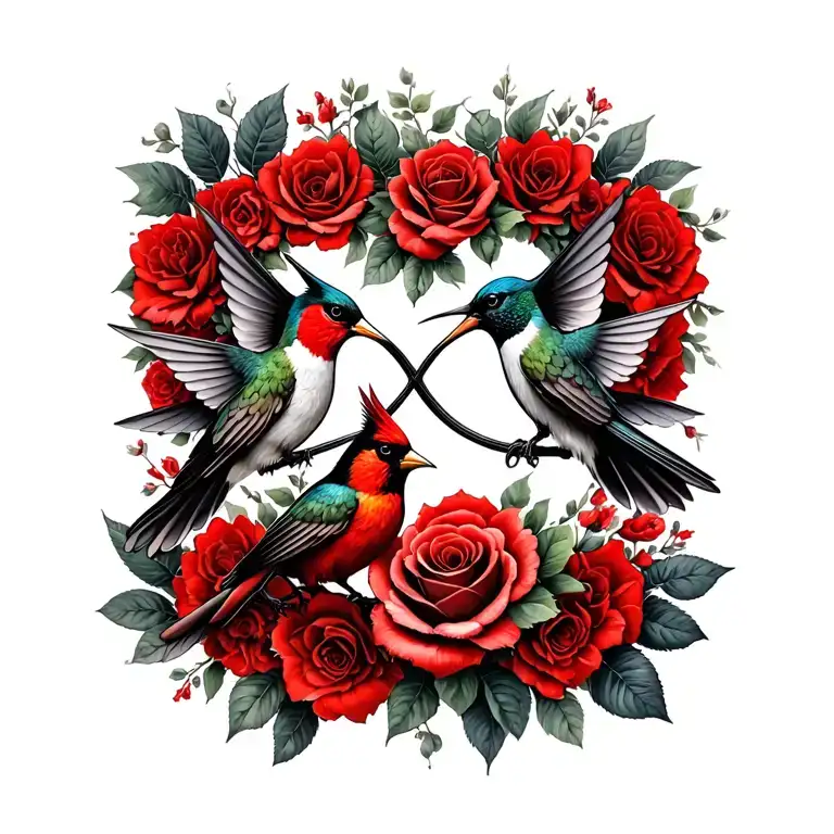 infinity symbol intertwined hummingbird and cardinal with rose tattoo design idea