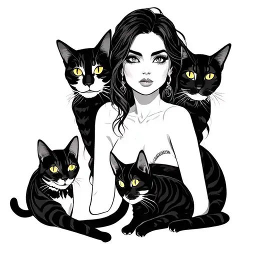 Freya looking sexy with two cats playing tattoo design idea