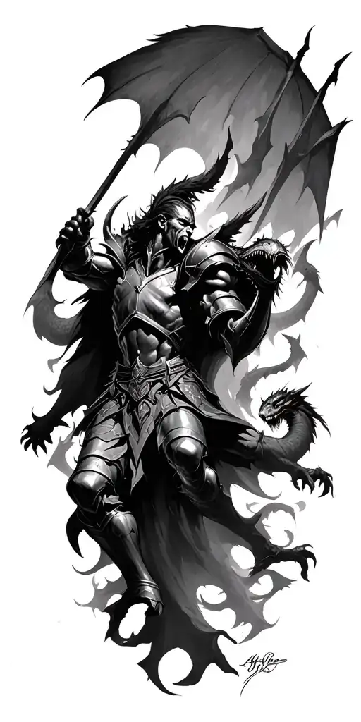 a knight fighting off a hoard of demons tattoo design idea