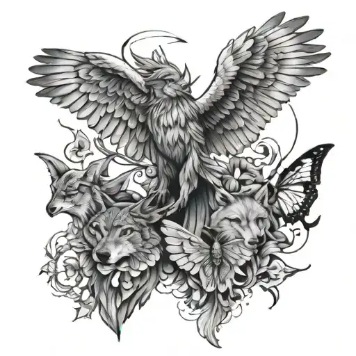 an angel, a falcon, a butterfly and a wolf tattoo design idea