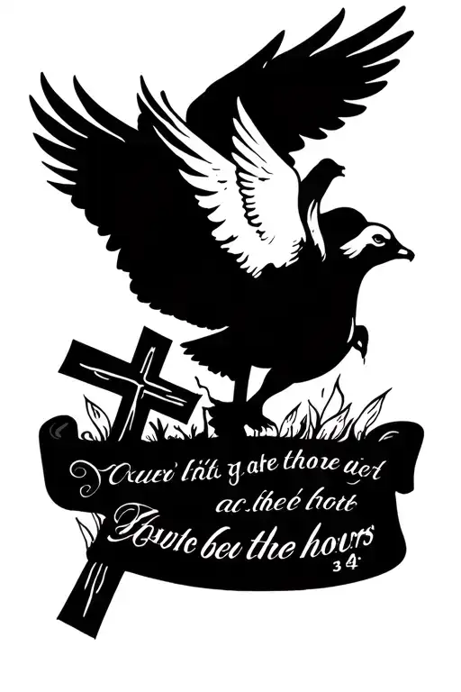 calf tattoo with a dove carrying crosses with verse Matthew 6:34  and can be done in 4 hours tattoo design idea