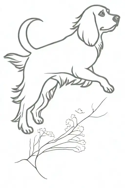 cocker spaniel outline running in the british countryside, include trees, rivers, and hills. make the dog small tattoo design idea