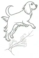 cocker spaniel outline running in the british countryside, include trees, rivers, and hills. make the dog small tattoo design idea