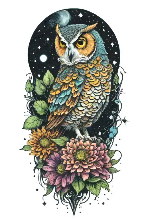 colorful owl with a chrysanthemum  flower, some green spots and starry background that has planets tattoo design idea