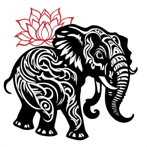 Tribal style elephant tattoo with waves and lotus flower facing sideways. tattoo design idea