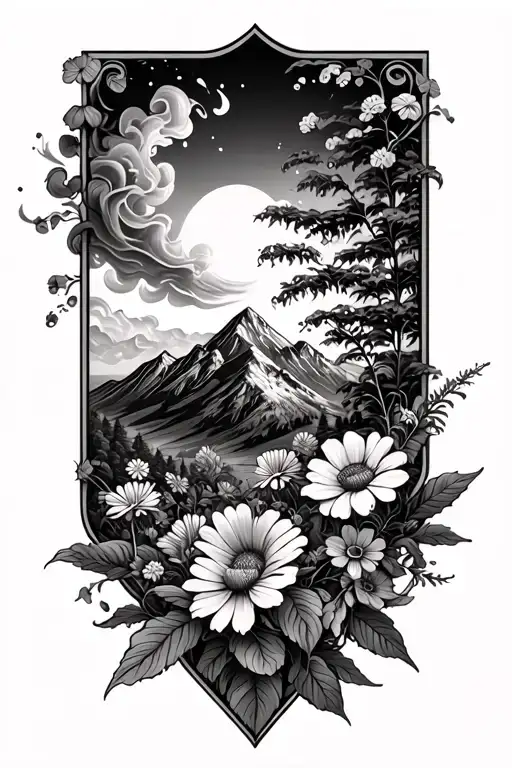realism style tattoo, wild flowers, mountain, swirling smoke border tattoo design idea